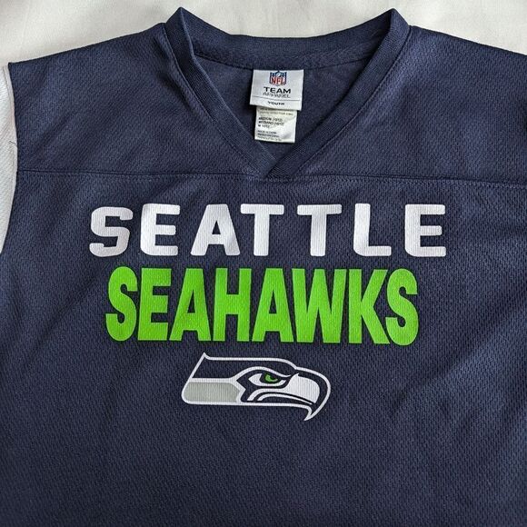 Seattle Seahawks Football Jersey Kids Medium Blue Polyester VNeck Graphic - Picture 2 of 4